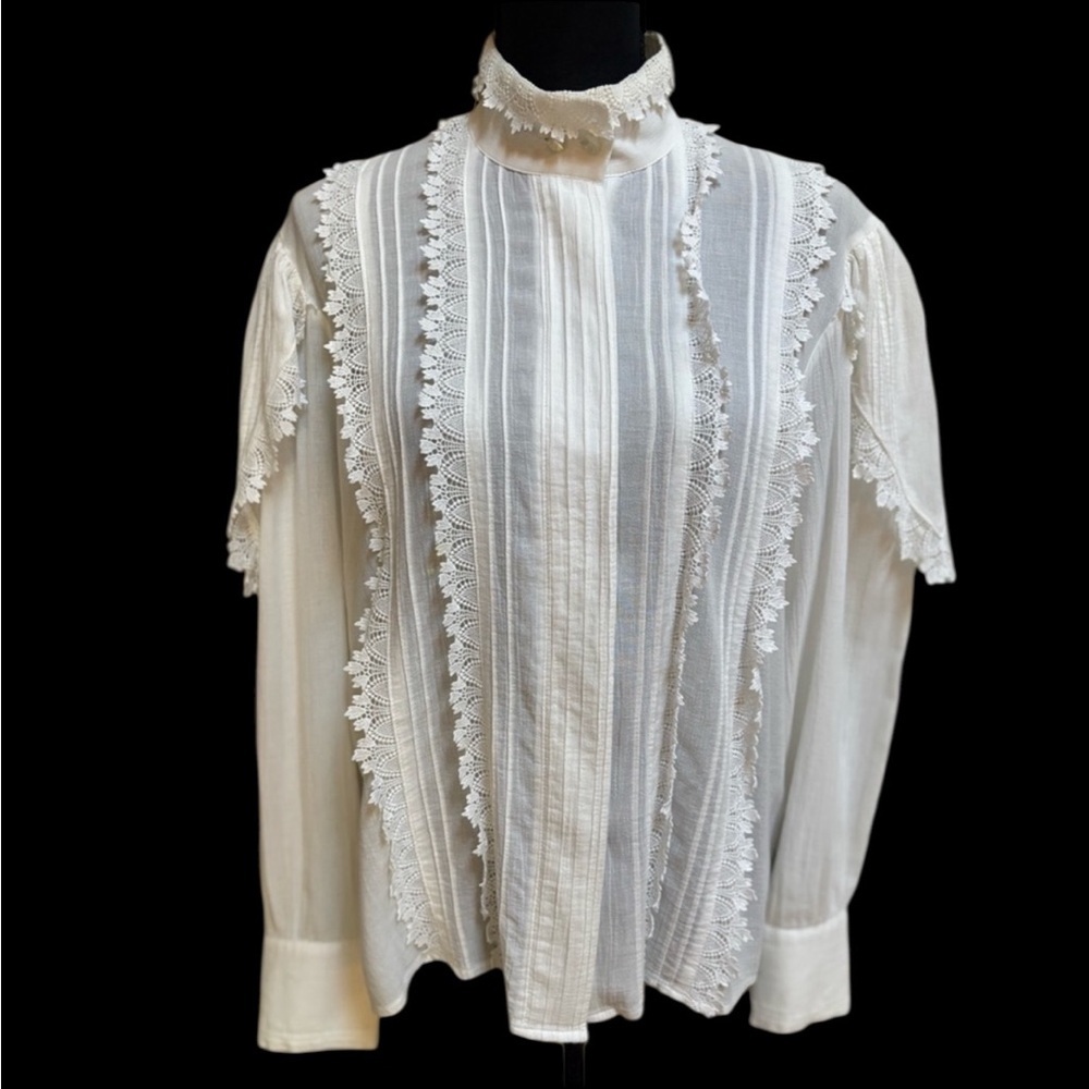 BOSCH VICTORIAN BLOUSE ROMANTIC LACEY EYELET WHITE HIGH NECK BUTTON UP SIZE XL